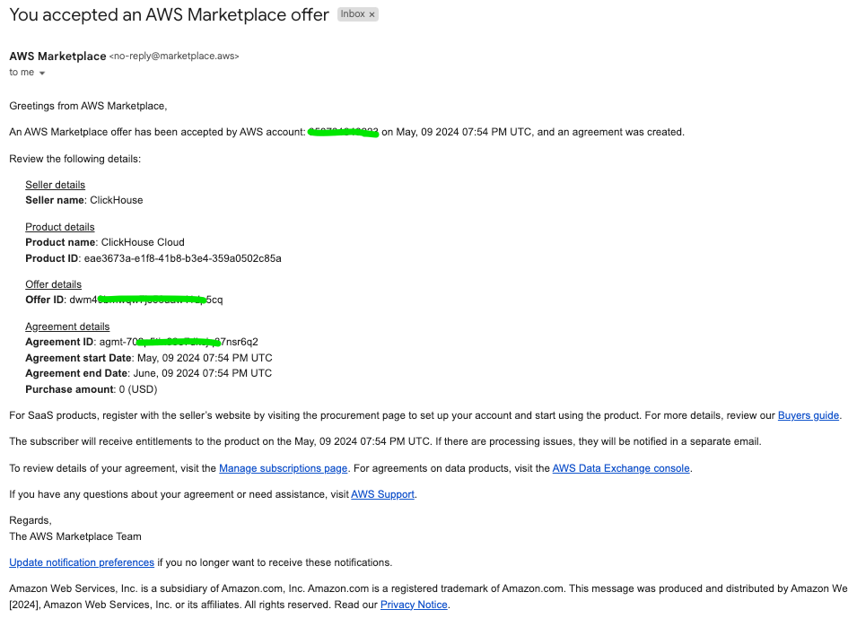 AWS Marketplace confirmation email